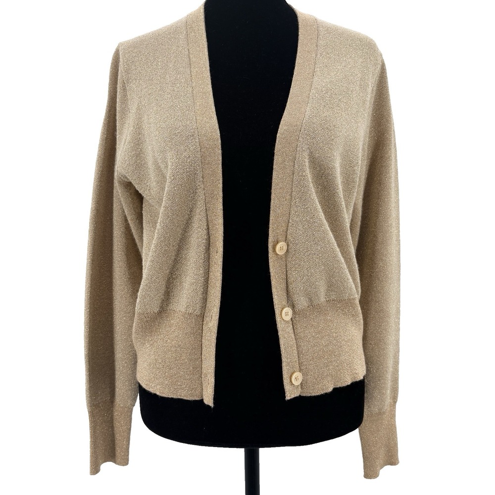 J.Crew Sweater Women M Metallic Gold Merino Wool Blend Cardigan Glam Night Out